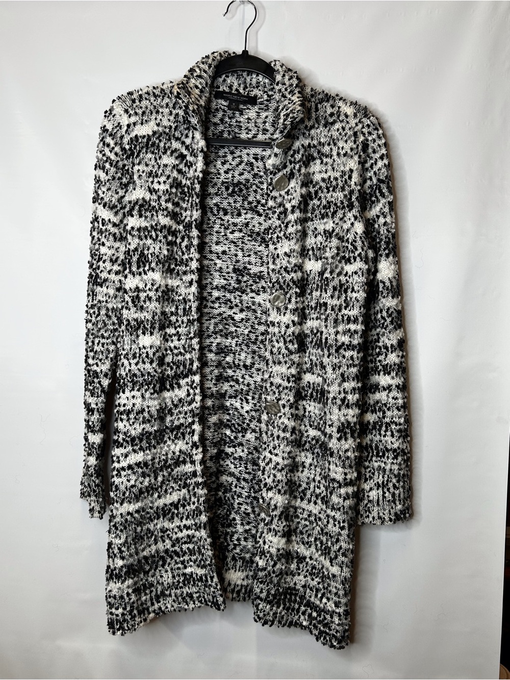 Long Marled Black & White Open-Front Cardigan
